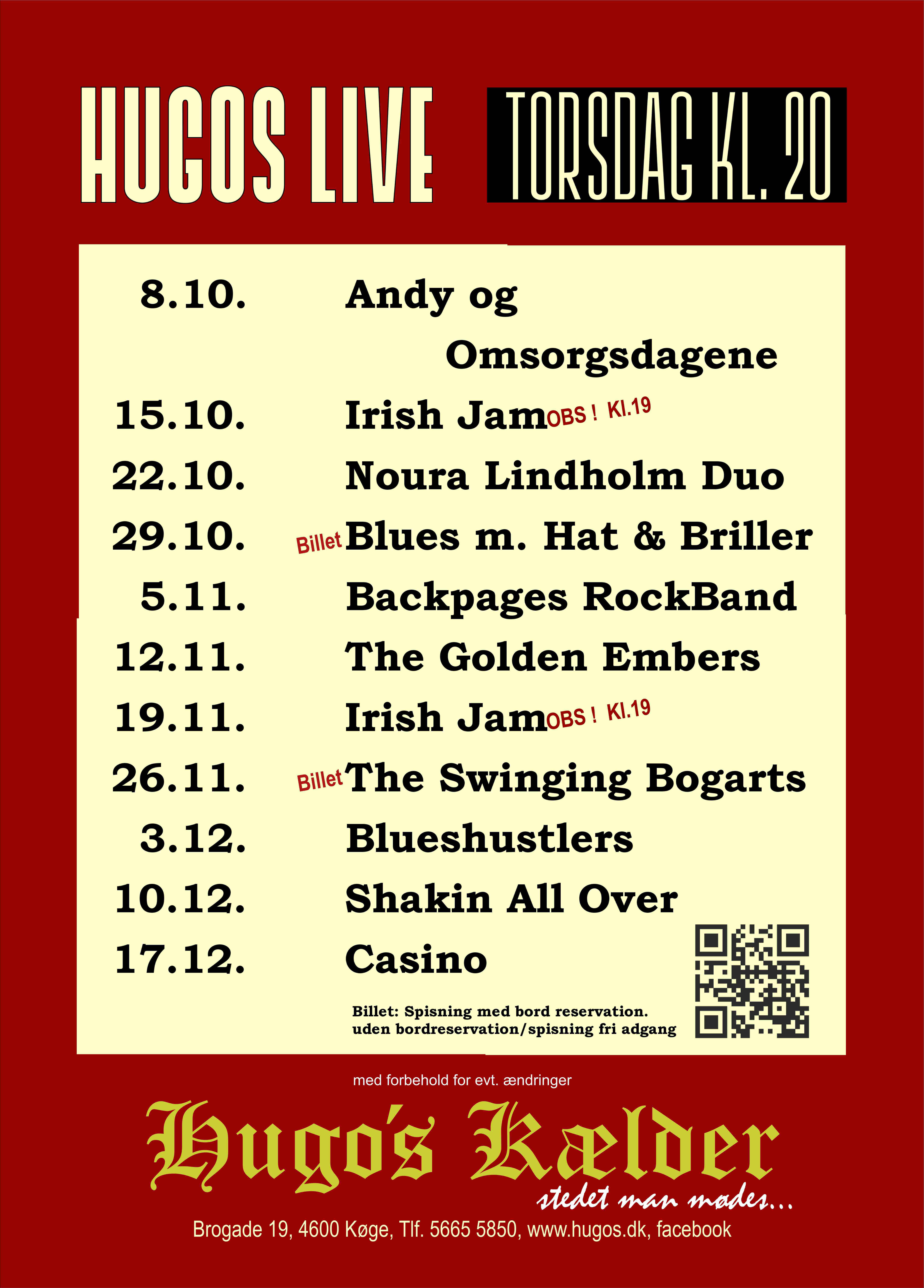 Hugos Live musikprogram oktober–december 2026